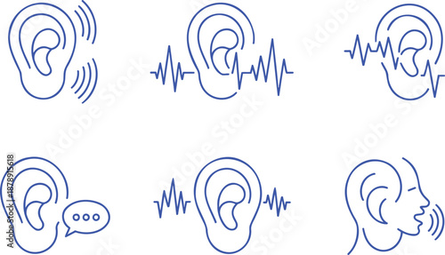 Six blue line of ears and sound waves hearing listen