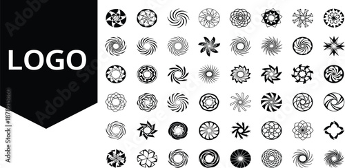 Collection of various black and white emblem designs on a white background displayed in a grid pattern