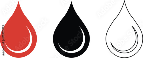 Blood Drop Icon Set Vector – Red, Black and Outline Blood Droplet Symbols