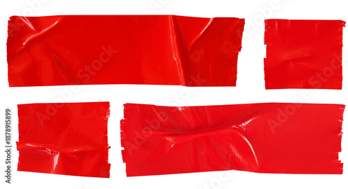 Fotografie Set of red wrinkled torn adhesive tape, isolated on white background, on transpa
