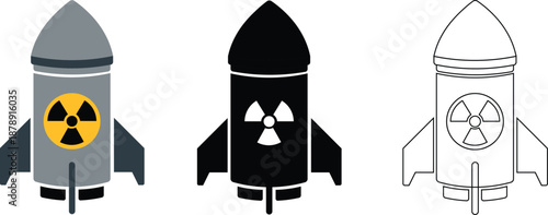 Nuclear Missile Rocket Icon Set Vector – Atomic Bomb Rocket Symbols in Color, Black and Outline Style