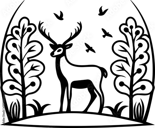 

SVG vector illustration of a wild nature hunting scene with deer and birds.Deer in Forest with Cabin and Bird Silhouette