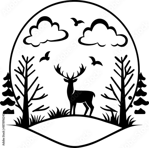 

SVG vector illustration of a wild nature hunting scene with deer and birds.Sleeping Fawn Under Tree with Birds in Black and White