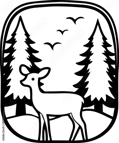 

SVG vector illustration of a wild nature hunting scene with deer and birds.Black and White Cartoon Deer in Forest Landscape