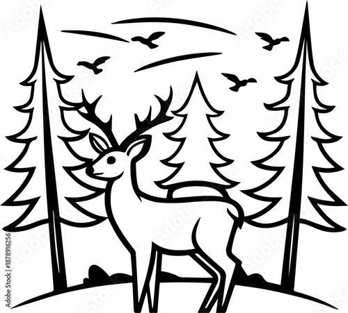 

SVG vector illustration of a wild nature hunting scene with deer and birds.Gentle Fawn Standing in Serene Forest Landscape