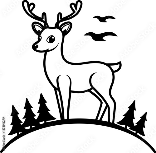 

SVG vector illustration of a wild nature hunting scene with deer and birds.Nature Scene with Deer and Trees in Black Outline