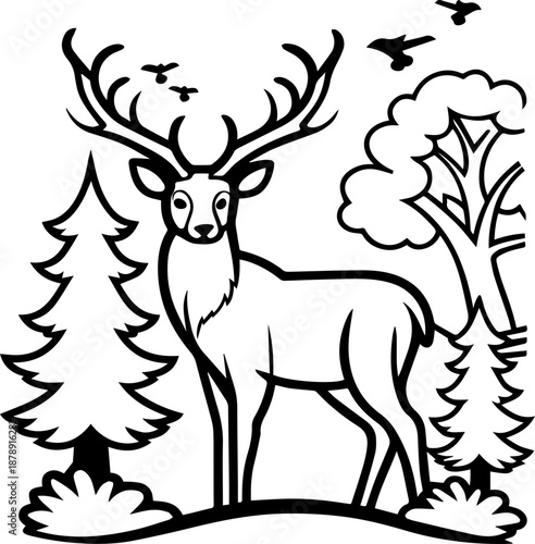 

SVG vector illustration of a wild nature hunting scene with deer and birds.Silhouette of Deer and Birds Among Leafy Trees