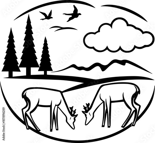 

SVG vector illustration of a wild nature hunting scene with deer and birds.Black and White Deer Illustration with Trees and Birds