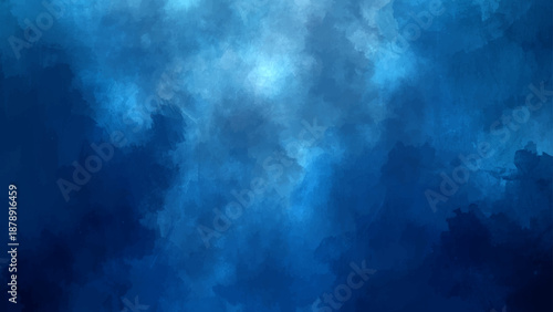 A blue grunge abstract background featuring a dark storm of clouds and smoke creates a textured nature backdrop with motion like fog over a deep night sea
