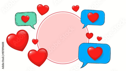 Illustration of hearts and speech bubbles surrounding a central pink circle on a clean background viewed from directly above.