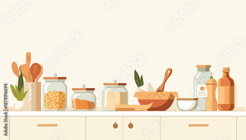 Zero-waste kitchen with glass containers, reusable bottle and wooden utensils