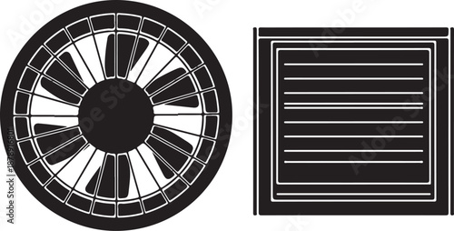 Black and white of a turbine wheel and a rectangle with horizontal lines monochrome