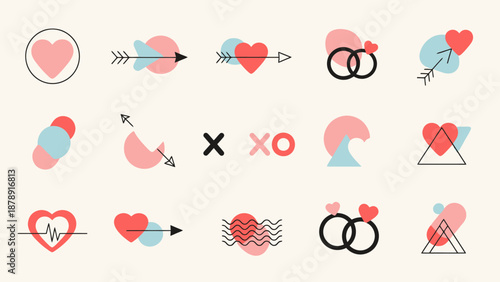 Collection of Romantic Symbols Representing Love Relationships And Special Occasions Like Weddings And Valentines Day With A Modern Minimalist Style