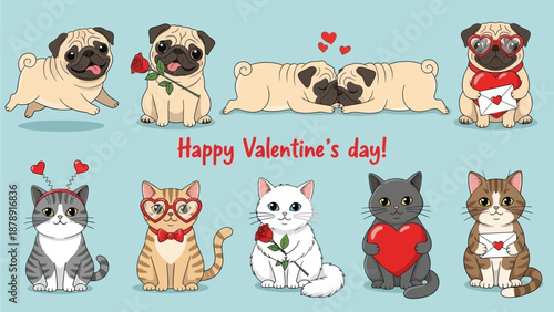 Valentine's Day illustration featuring cats and dogs with heart symbols, showcasing affectionate animals in a festive scene