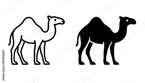 Animal icons, camel illustrations in outline and silhouette styles