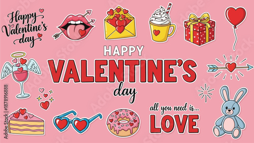 Valentine's day celebration with hearts, gifts, and love-themed illustrations in a festive graphic design
