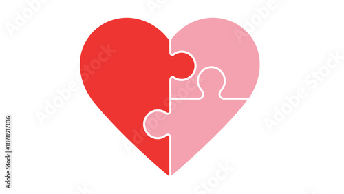 Two interlocking puzzle pieces forming a conceptual heart shape in red and pink colors symbolizing connection and partnership on white background