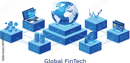 Global financial technology concept illustration showing interconnected devices and data visualization around the world