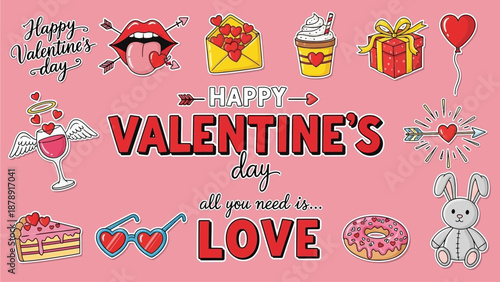 A vibrant Valentine's Day greeting card featuring love symbols and treats in a playful illustration style