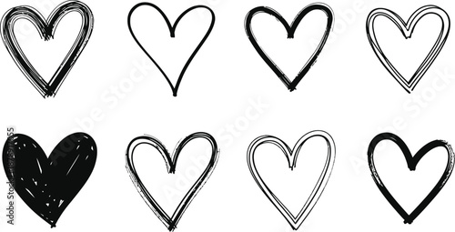 A collection of eight hand drawn heart shapes in various line styles
