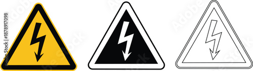 High Voltage Warning Sign Icon Set Vector – Electric Hazard Triangle Symbols in Yellow, Black and Outline
