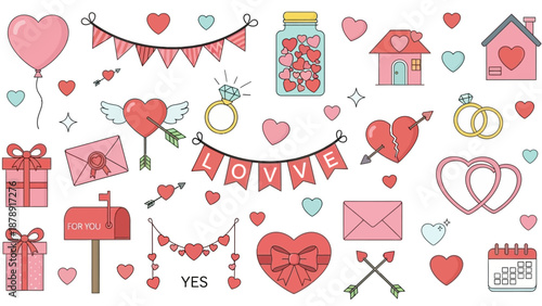 Assorted Valentine's Day icons and symbols including hearts, flowers, and gifts, in a digital illustration style, viewed from directly above.
