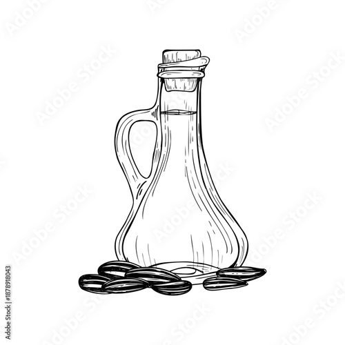Monochrome sunflower oil glass bottle with seed pile line art black ink sketch. Hand drawn glassware with refined vegetable oil isolated illustration for culinary, packaging, design, poster