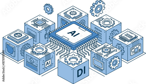 Artificial Intelligence Processing Units Interconnected with Data Blocks and Gears in a Complex System Illustration