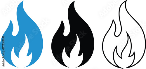 Flame Fire Icon Set Vector – Blue, Black and Outline Flame Symbols