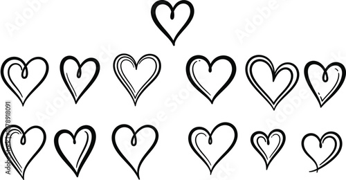 A collection of 13 hand drawn hearts in a symmetrical pattern