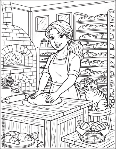 Cute bakery coloring page with smiling woman holding cake cupcakes bread oven and cat in cozy bakery kitchen
