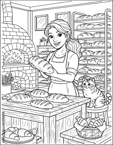 Detailed bakery coloring page with female baker cake cupcakes bread shelves oven and cute cat illustration