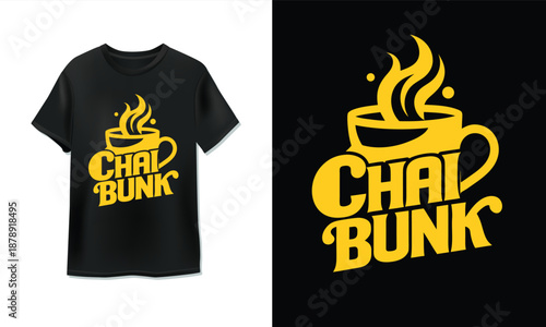 Chai Bunk Coffee Lover T-Shirt Design on Black Mockup with Steaming Cup Logo