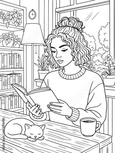 Calm Woman Reading a Book with Sleeping Cat and Coffee in a Cozy Home Interior Coloring Page Illustration