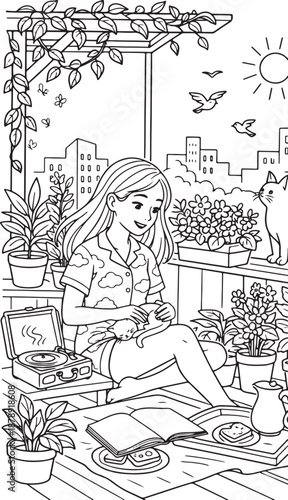 Relaxing Garden Balcony Scene with Young Woman Cat Plants and Cozy Lifestyle Line Art Illustration