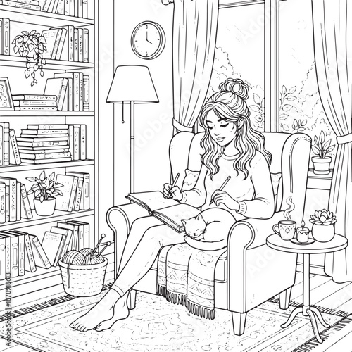 Cozy Reading Time at Home with Cat – Relaxing Living Room Line Art Illustration