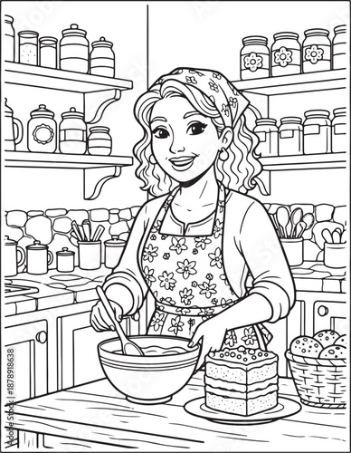 Bakery coloring page with smiling woman baker holding cake cupcakes bread shelves and cozy kitchen interior