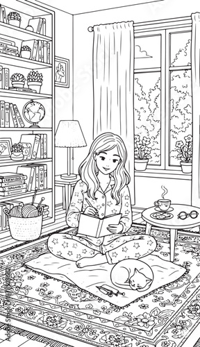 Woman Reading Book with Cat in Cozy Living Room – Black and White Line Art Illustration