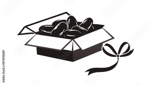 A silhouette of an open box filled with dates, tied with a simple ribbon