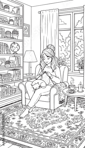 Cozy home coloring page of woman knitting in armchair with cat books and warm interior