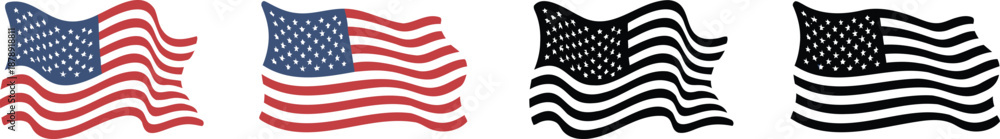 Obraz premium Four waving American flags in color and black white