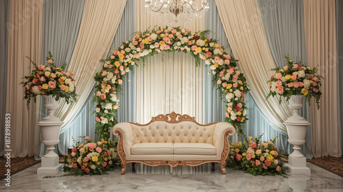 The image shows an elegant, decorated wedding stage or backdrop for a reception. 