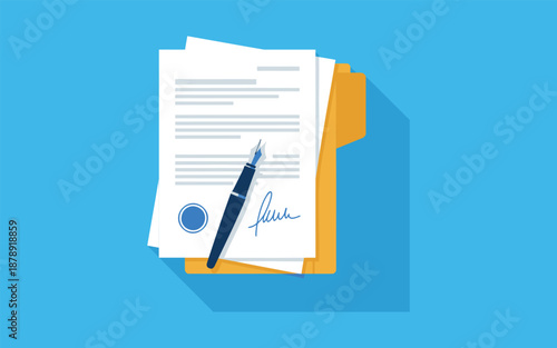 Document with fountain pen and seal in folder paper