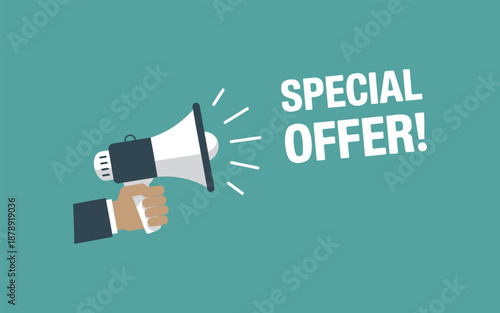 Hand holding megaphone announcing special offer announcement