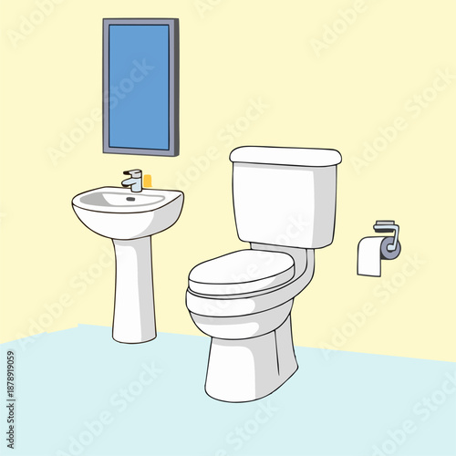 Bathroom Toilet Sink and Mirror.