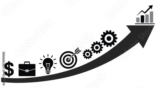 Business growth concept, increasing arrow with icons of money dollar, briefcase, light bulb, target, gears, and chart, symbolizing investment, idea, planning, and success
