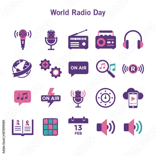 World Radio Day Icon Set, Vector Flat Design of Broadcasting Elements, Microphone, Podcast, and Digital Audio Equipment