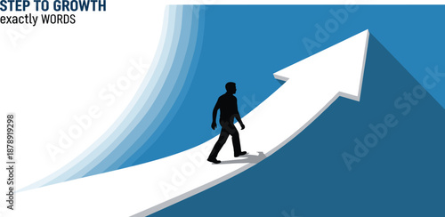 A person walking up a large white arrow pointing upwards on a blue background, symbolizing growth and progress from a side view