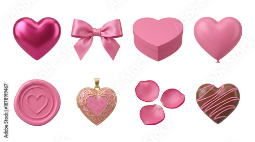 Valentine's day pink set including metallic heart, ribbon bow, gift box, balloon, wax seal, locket, rose petals, and chocolate candy isolated. Romantic holiday decoration collection.