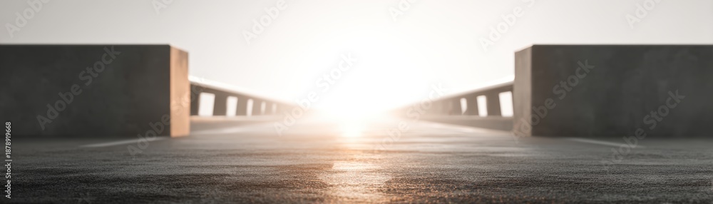 Obraz premium A serene road stretches towards a bright horizon, flanked by concrete barriers, evoking a sense of journey and possibility, change without collapse, continuity across disruption, ESG